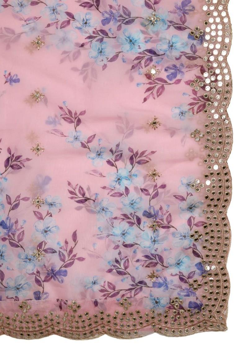 Floral Printed Mirror Work Organza Dupatta