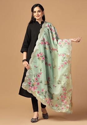 Floral Printed Mirror Work Organza Dupatta