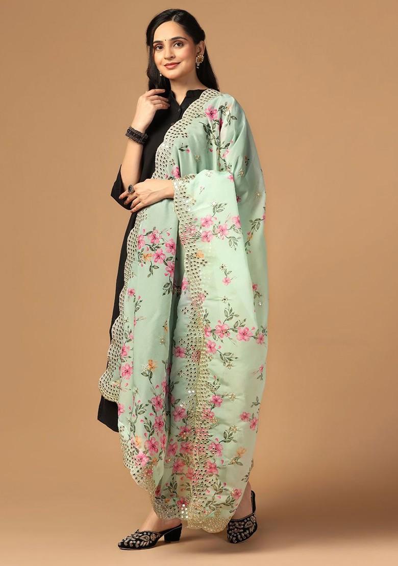 Floral Printed Mirror Work Organza Dupatta
