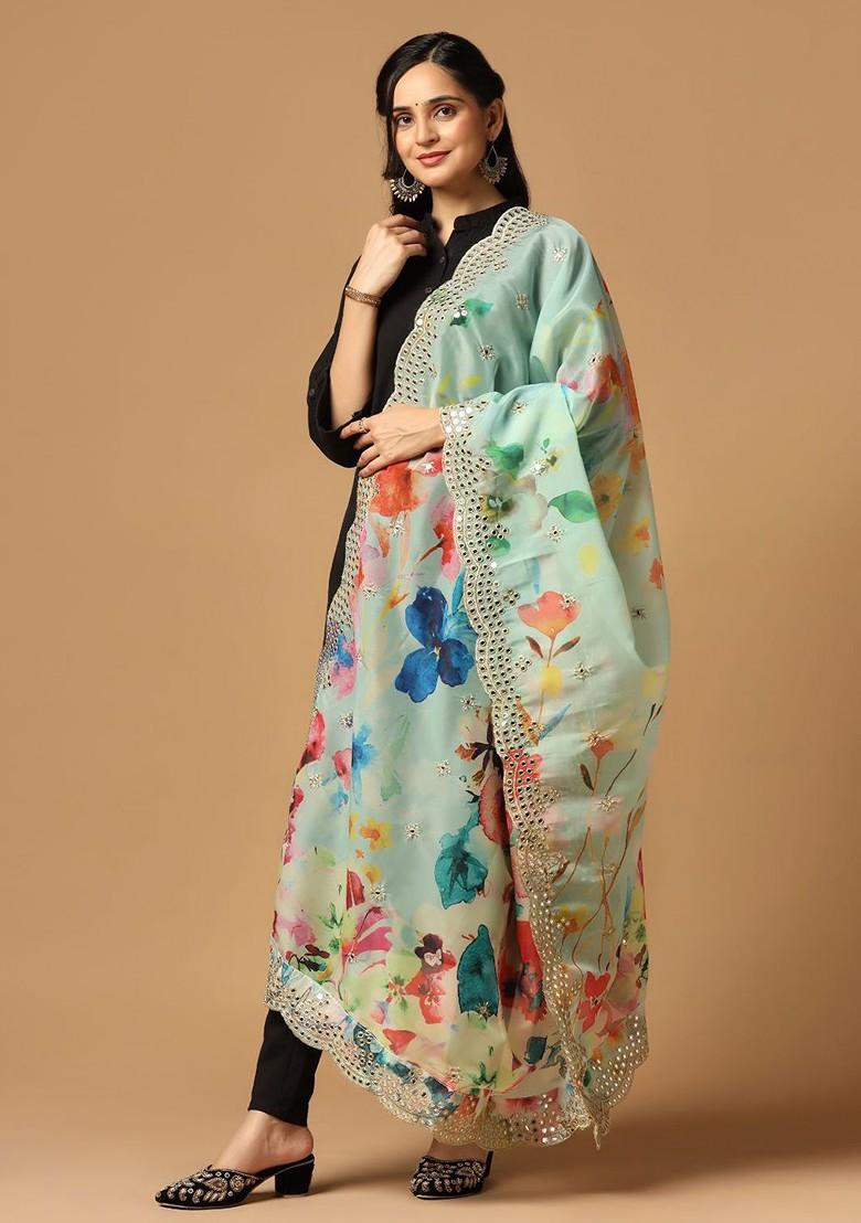 Floral Printed Mirror Work Organza Kalamkari Dupatta