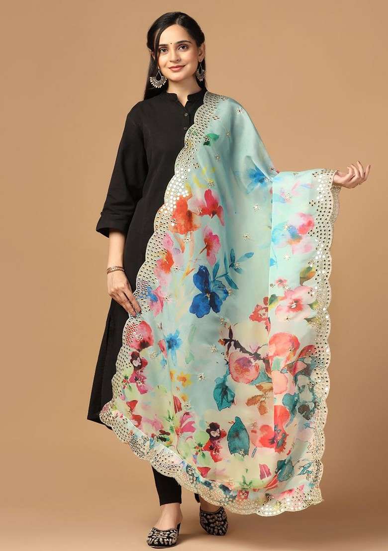 Floral Printed Mirror Work Organza Kalamkari Dupatta - Indya