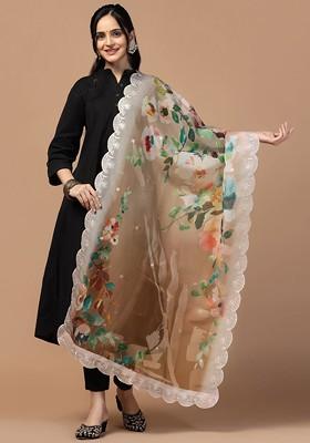 Sequinned Floral Printed Organza Dupatta