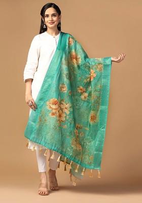 Floral Printed Tasselled Silk Dupatta With Thread Work