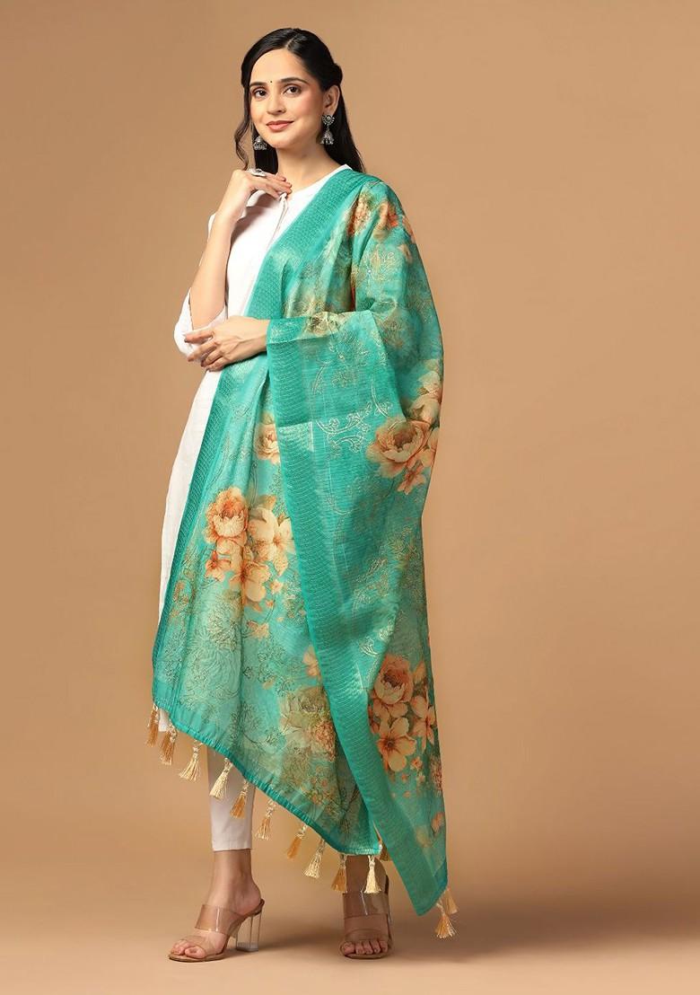 Floral Printed Tasselled Silk Dupatta With Thread Work