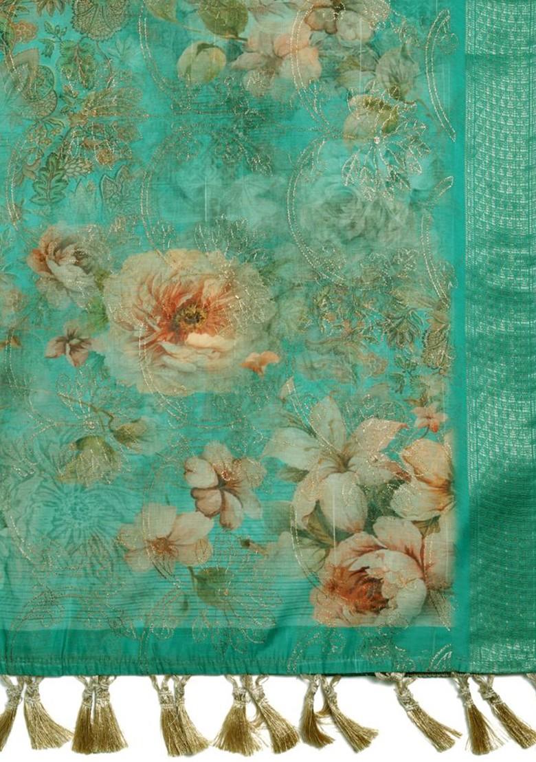 Floral Printed Tasselled Silk Dupatta With Thread Work