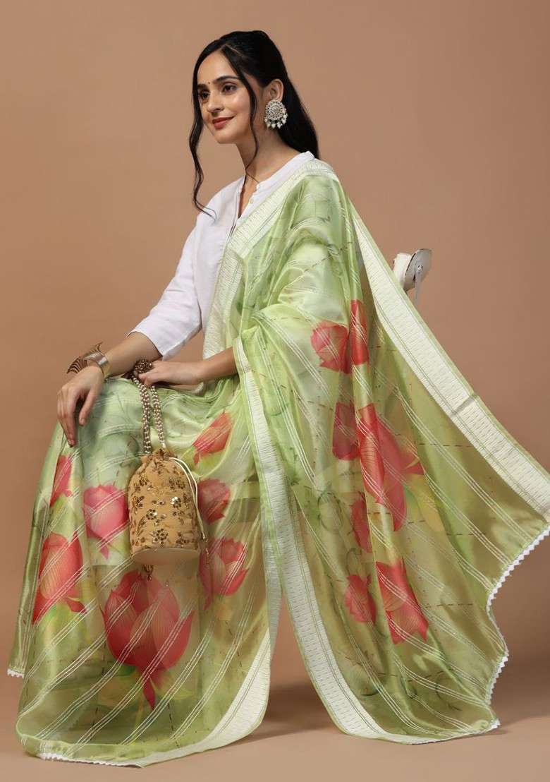 Floral Printed Organza Khadi Silk Dupatta - Indya