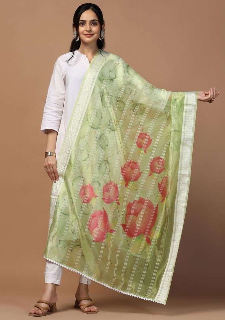 Floral Printed Organza Khadi Silk Dupatta - Indya