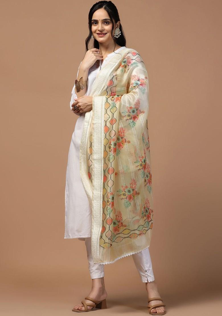 Floral Printed Sequinned Organza Dupatta