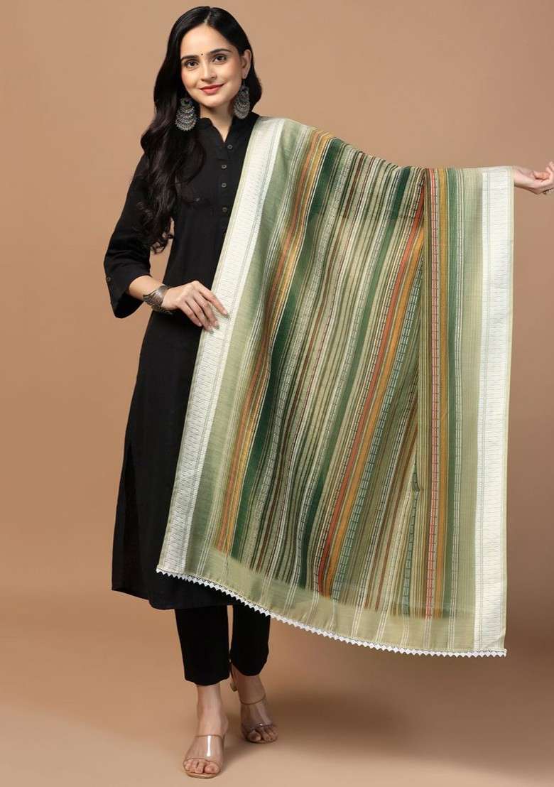 Striped Sequinned Chanderi Cotton Dupatta - Indya