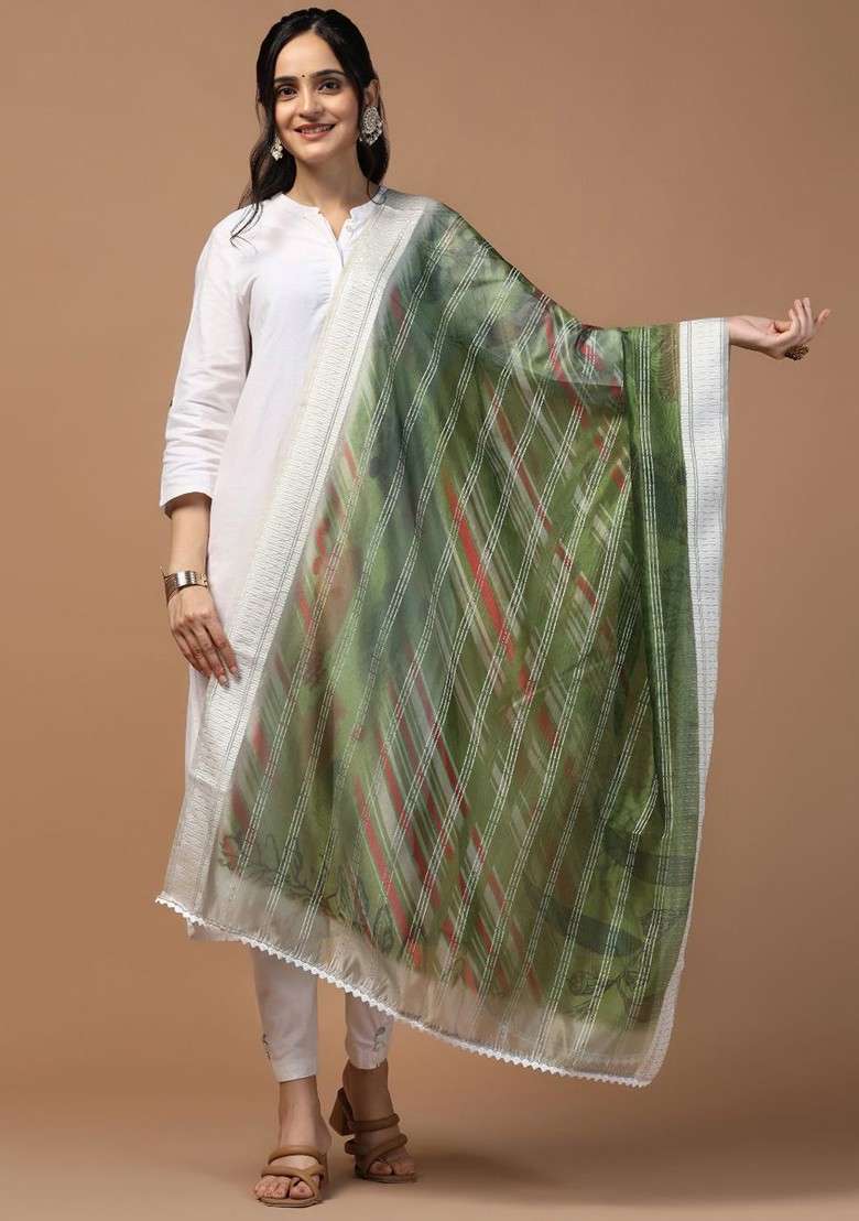Sequinned Floral Printed Organza Dupatta - Indya