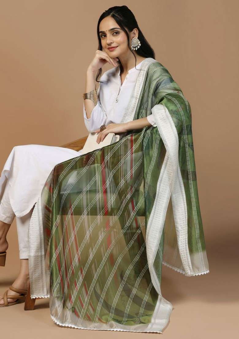 Sequinned Floral Printed Organza Dupatta - Indya