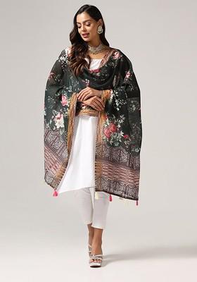 Floral Printed Linen Kalamkari Dupatta With Zari