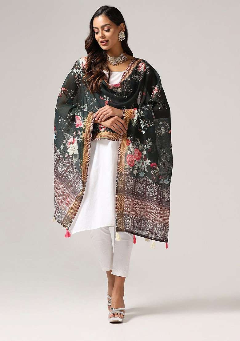 Floral Printed Linen Kalamkari Dupatta With Zari - Indya