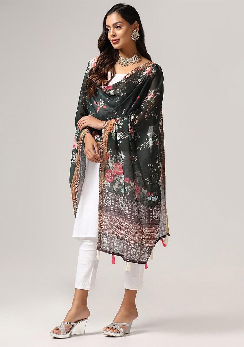 Floral Printed Linen Kalamkari Dupatta With Zari
