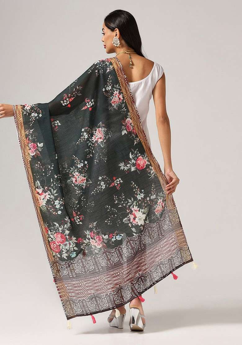 Floral Printed Linen Kalamkari Dupatta With Zari - Indya