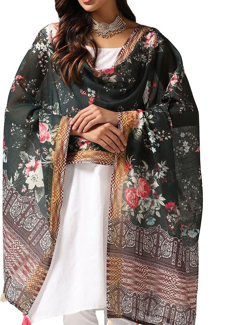 Floral Printed Linen Kalamkari Dupatta With Zari