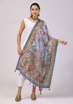 Floral Printed Linen Kalamkari Dupatta