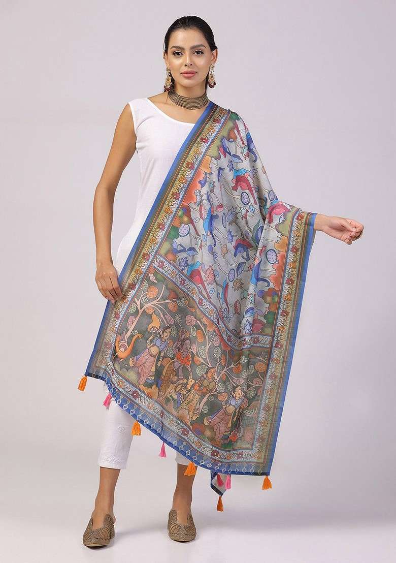 Floral Printed Linen Kalamkari Dupatta - Indya