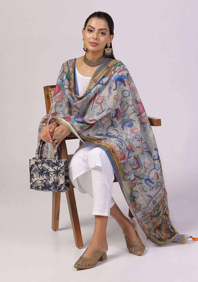 Floral Printed Linen Kalamkari Dupatta - Indya