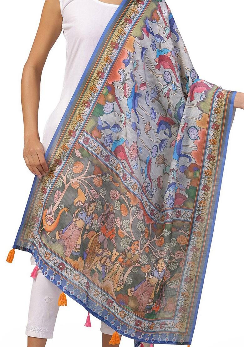 Floral Printed Linen Kalamkari Dupatta