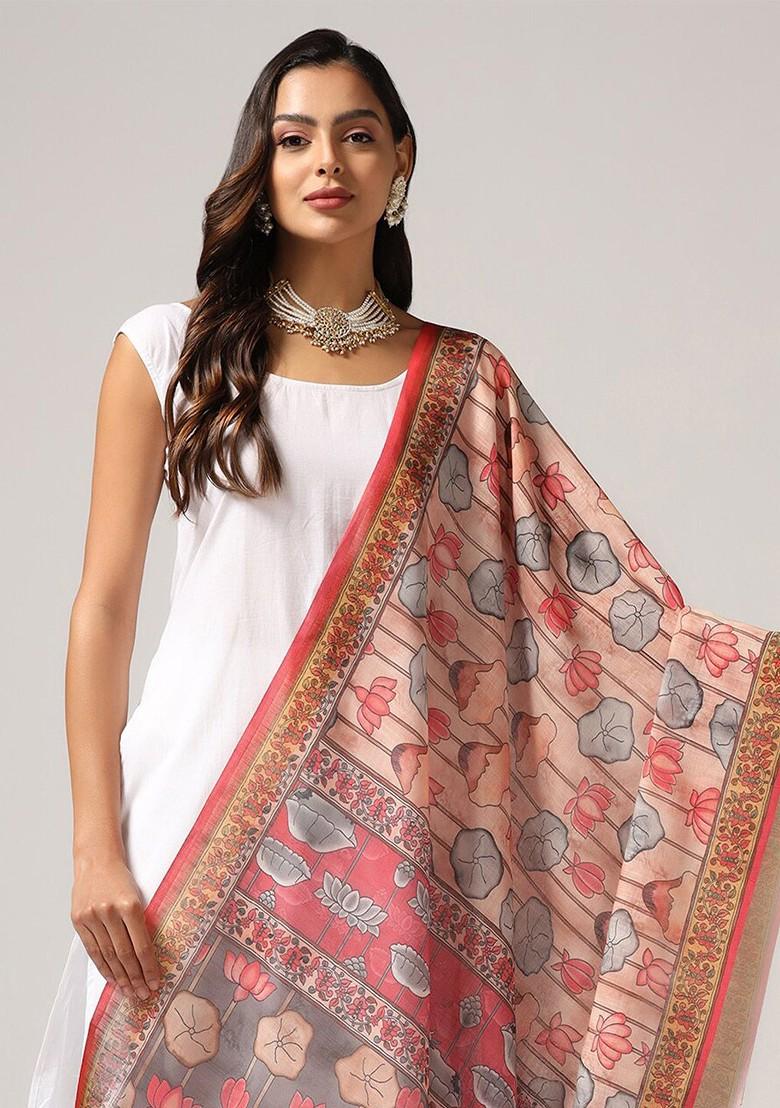Floral Printed Linen Kalamkari Dupatta