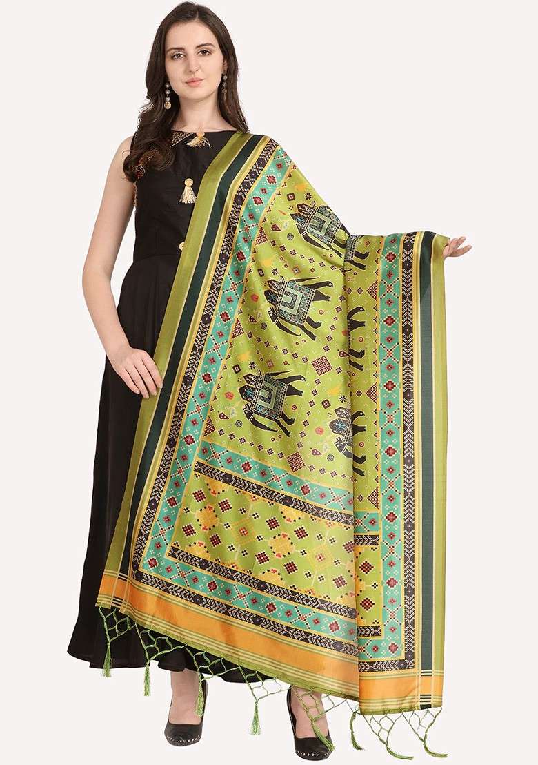 Green And Red Ethnic Motifs Printed Dupatta - Indya