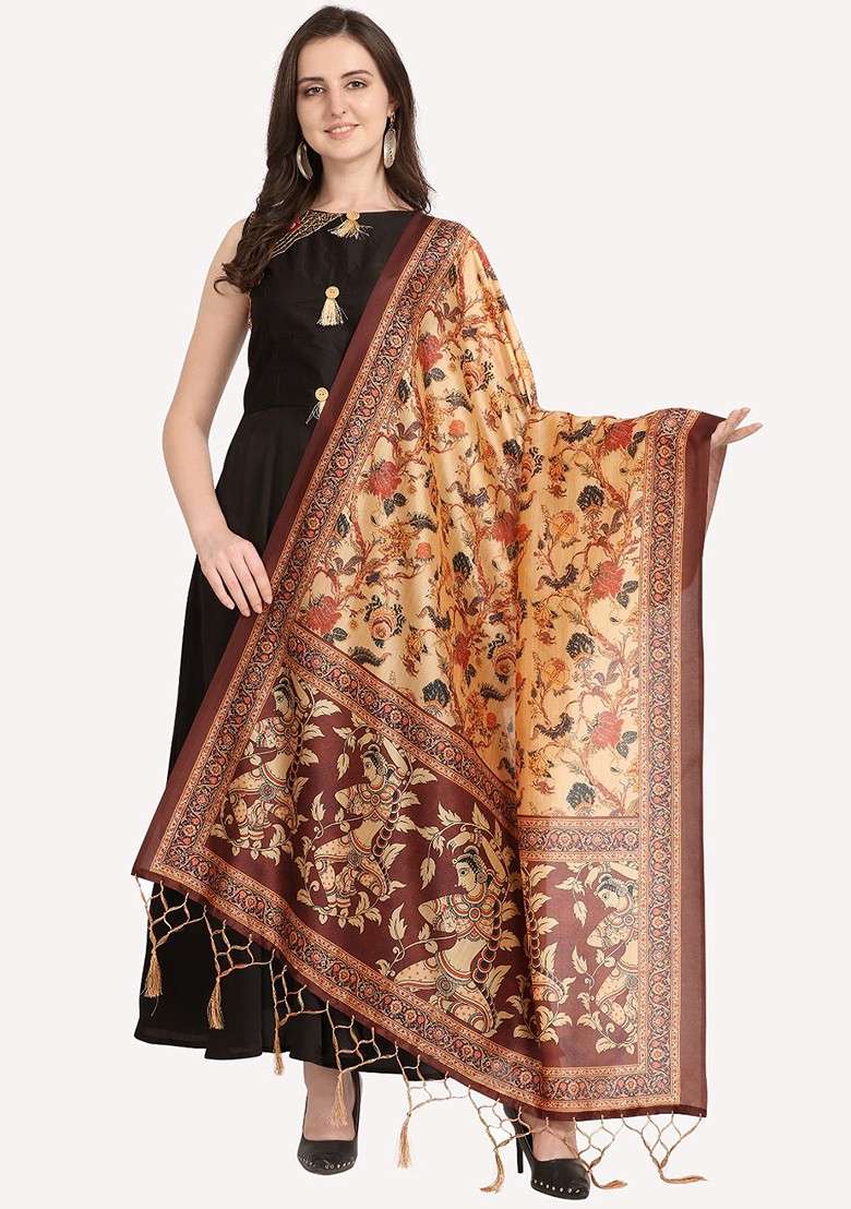 Maroon And Beige Ethnic Motifs Printed Dupatta - Indya