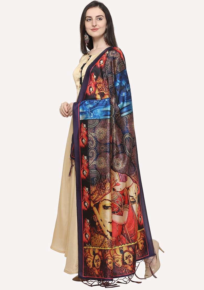 Black And Red Ethnic Motifs Printed Dupatta - Indya
