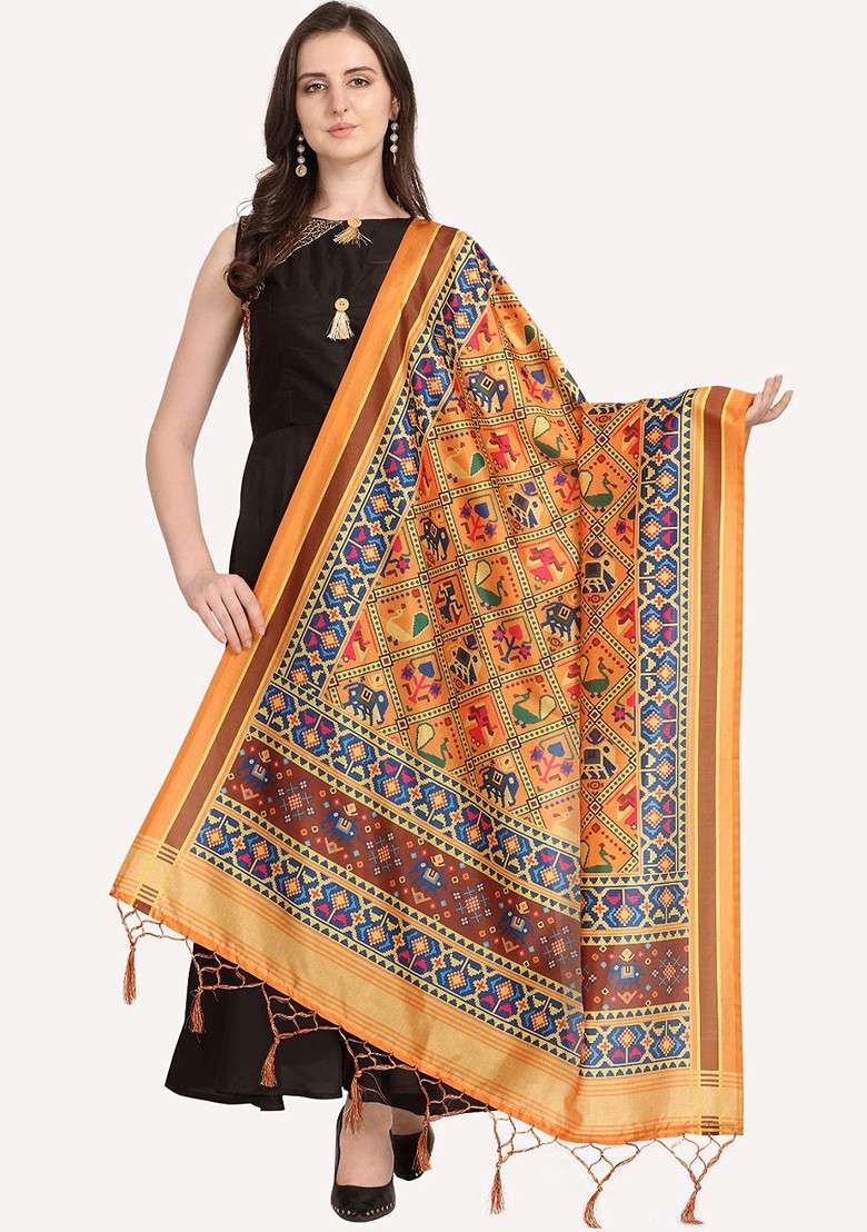 Mustard And Red Ethnic Motifs Printed Dupatta - Indya