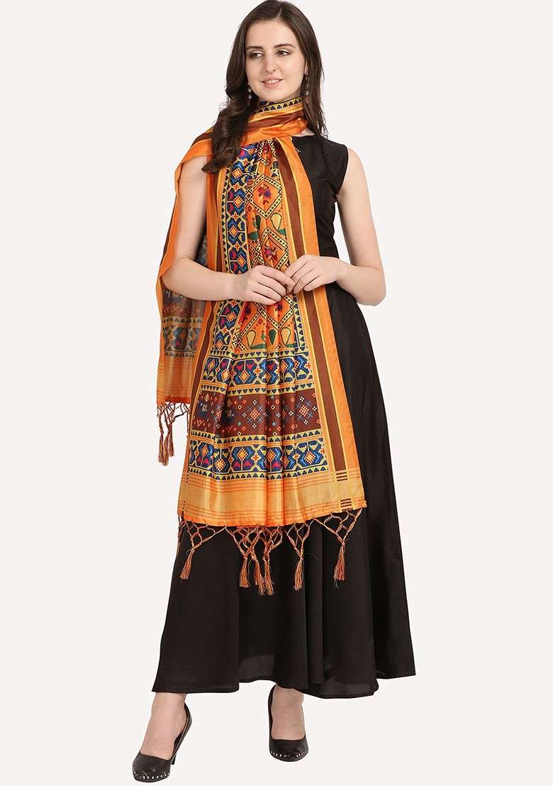 Mustard And Red Ethnic Motifs Printed Dupatta - Indya