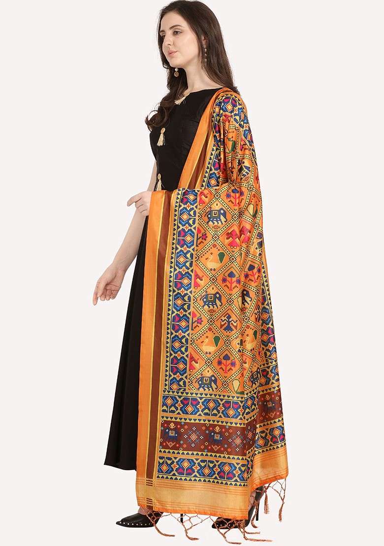 Mustard And Red Ethnic Motifs Printed Dupatta - Indya