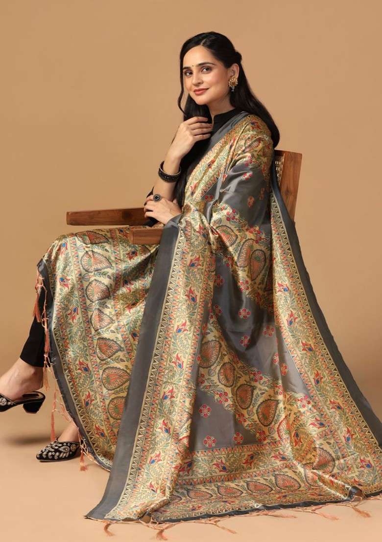 Ethnic Motifs Printed Tasselled Silk Dupatta - Indya