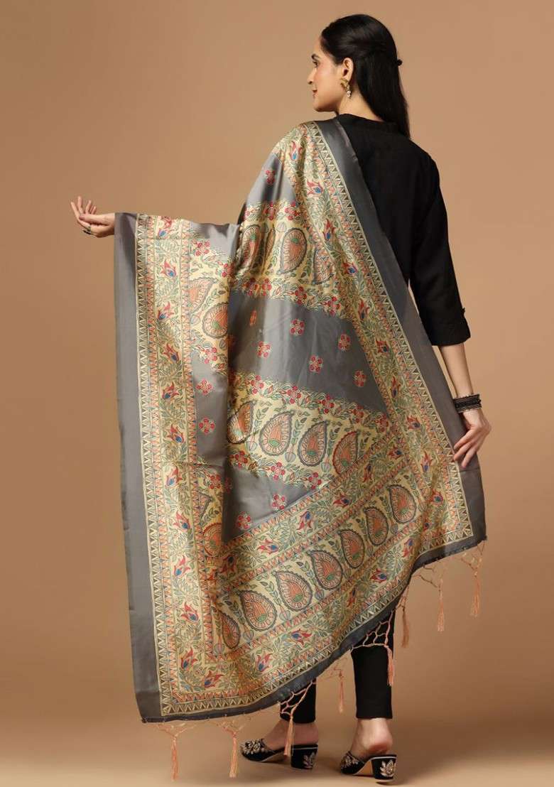 Ethnic Motifs Printed Tasselled Silk Dupatta - Indya