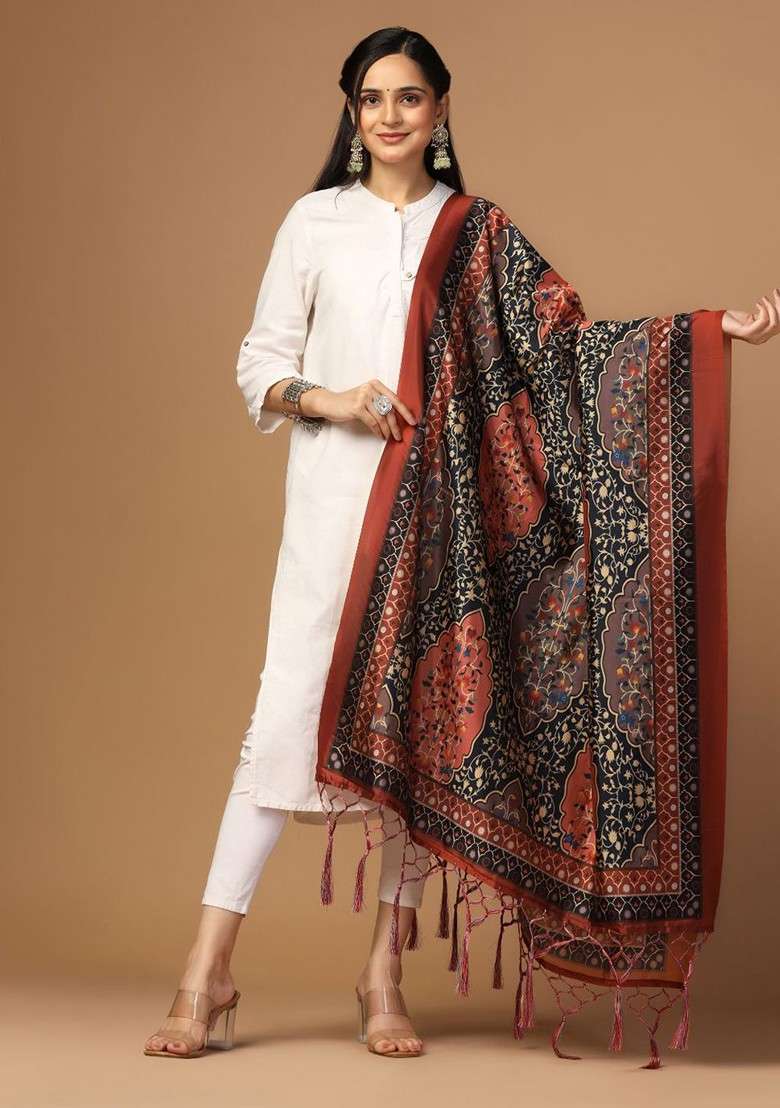 Ethnic Motifs Printed Silk Dupatta - Indya