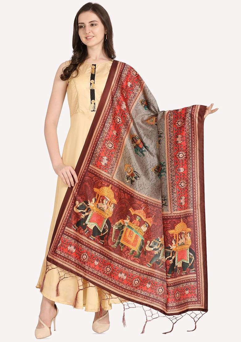 Ethnic Motifs Digital Printed Kalamkari Assam Silk Dupatta - Indya