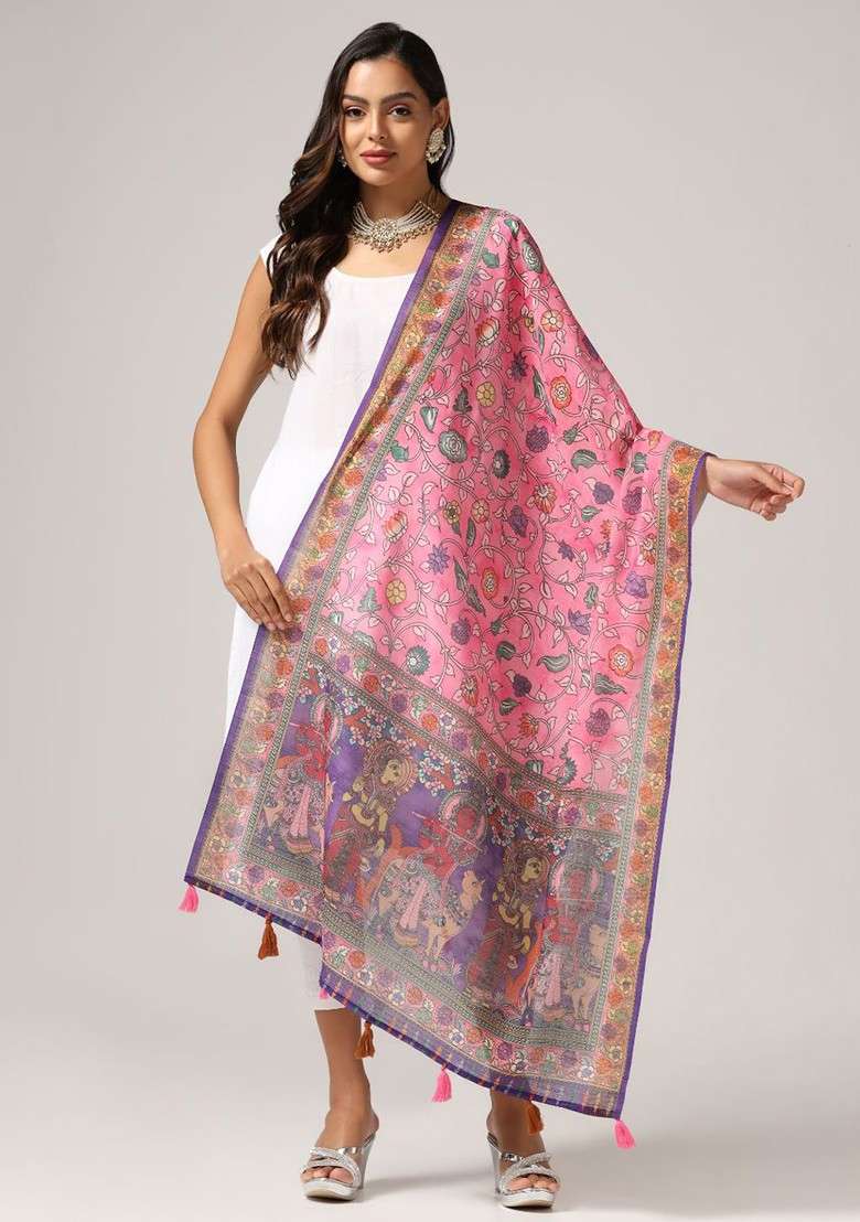 Ethnic Motifs Printed Linen Kalamkari Dupatta - Indya