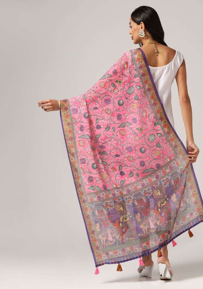 Ethnic Motifs Printed Linen Kalamkari Dupatta - Indya