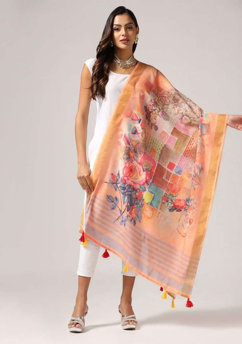 Ethnic Motifs Printed Linen Zari Dupatta - Indya