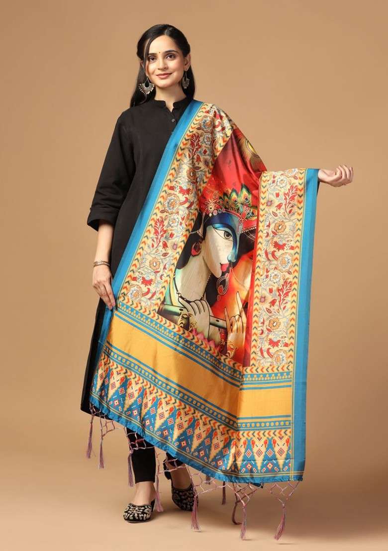 Radha Krishna Ethnic Motifs Printed Silk Dupatta - Indya