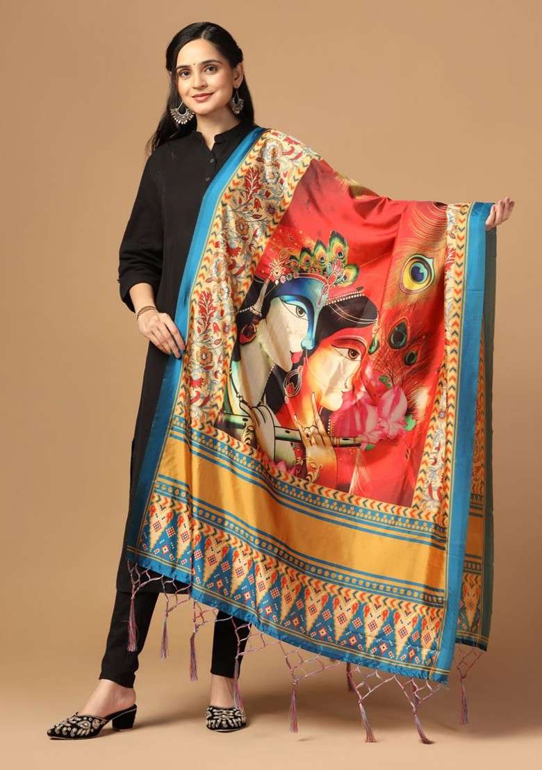 Radha Krishna Ethnic Motifs Printed Silk Dupatta - Indya