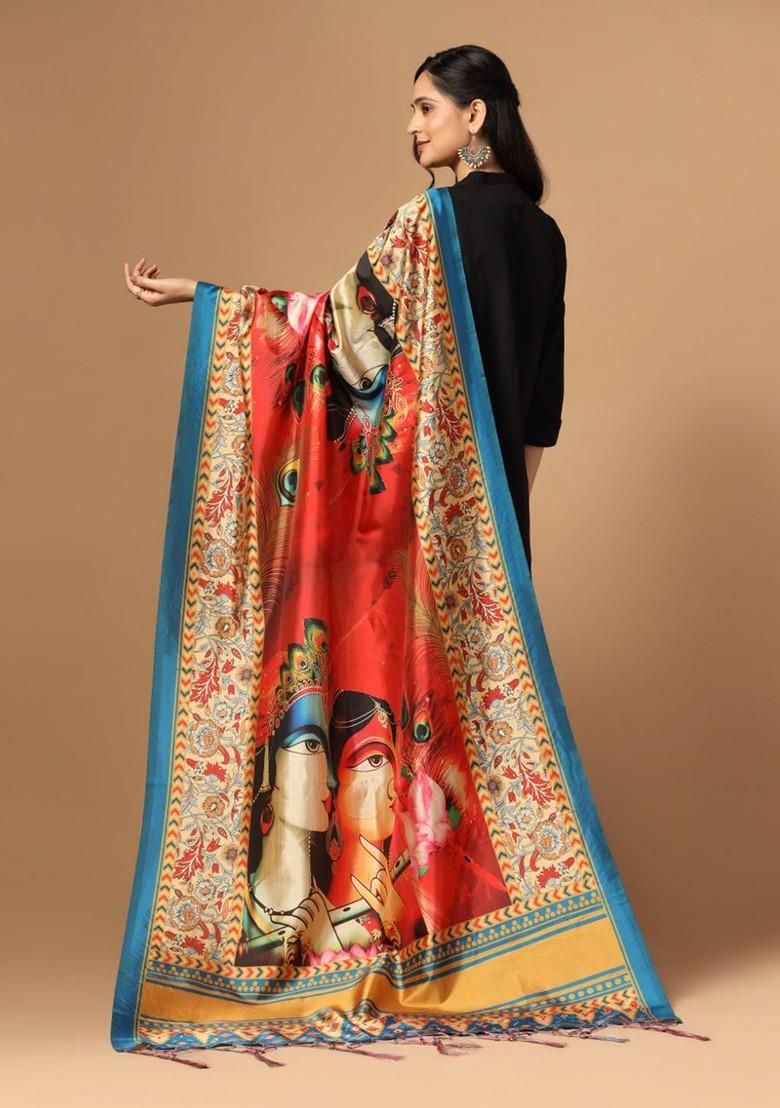 Radha Krishna Ethnic Motifs Printed Silk Dupatta