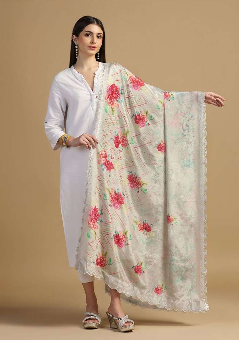 Floral Printed Dupatta With Sequinned - Indya