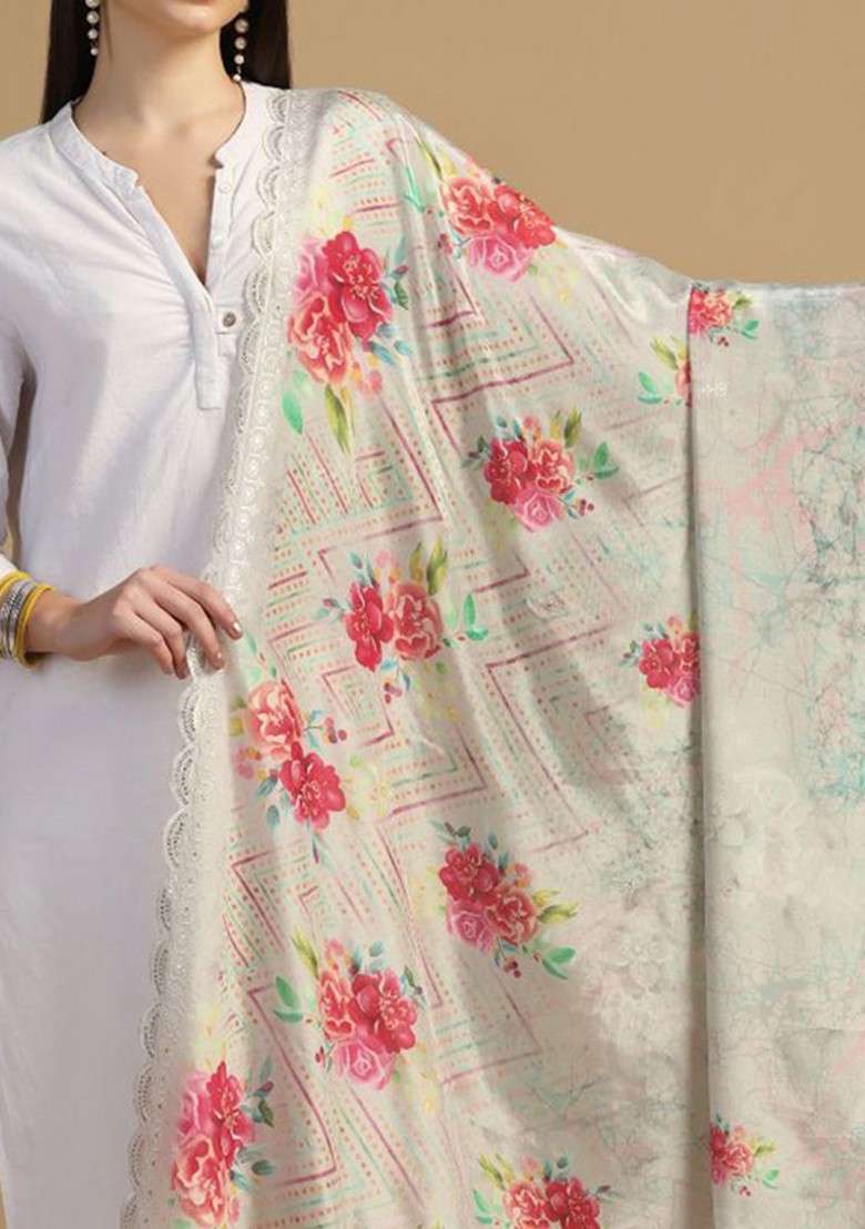 Floral Printed Dupatta With Sequinned - Indya