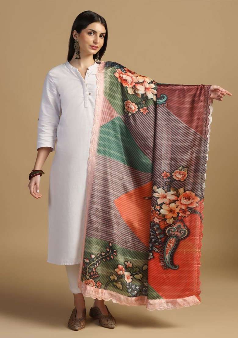 Floral Printed Dupatta With Sequinned - Indya