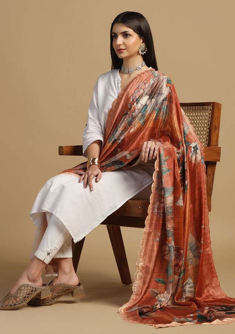 Floral Printed Dupatta With Sequinned - Indya
