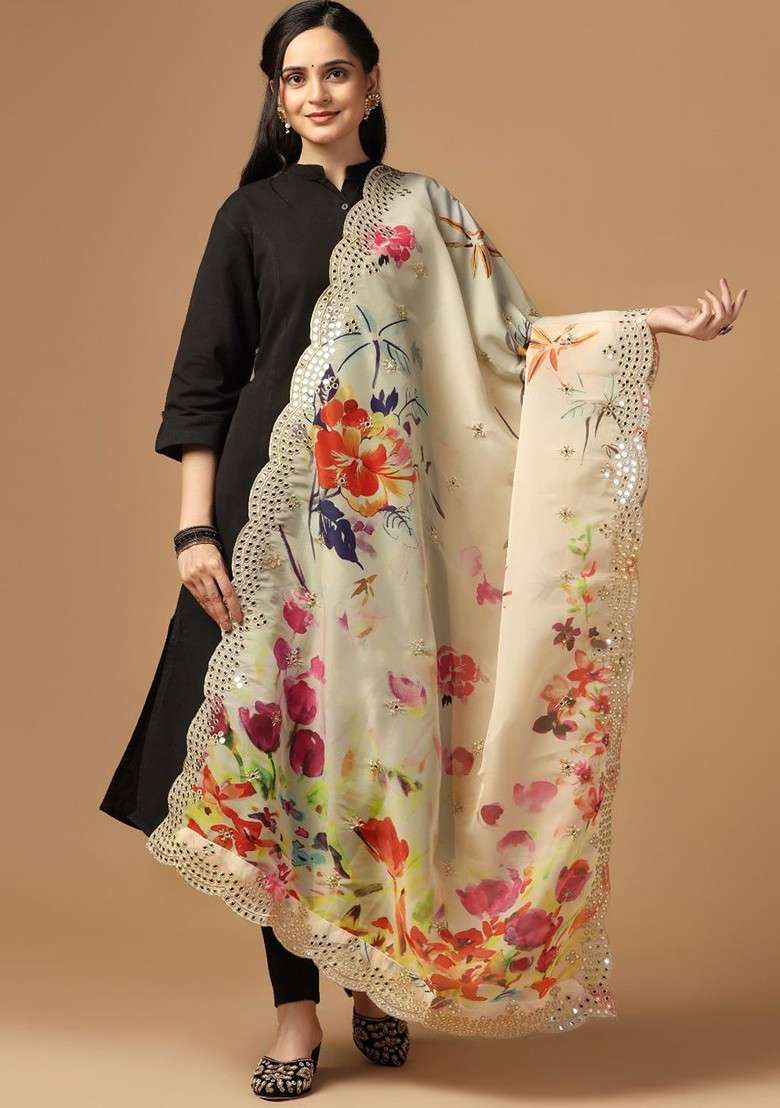 Floral Printed Mirror Work Organza Dupatta - Indya