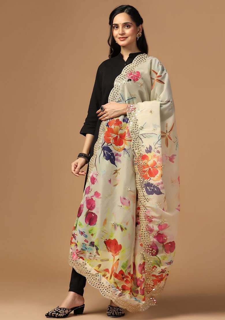 Floral Printed Mirror Work Organza Dupatta - Indya