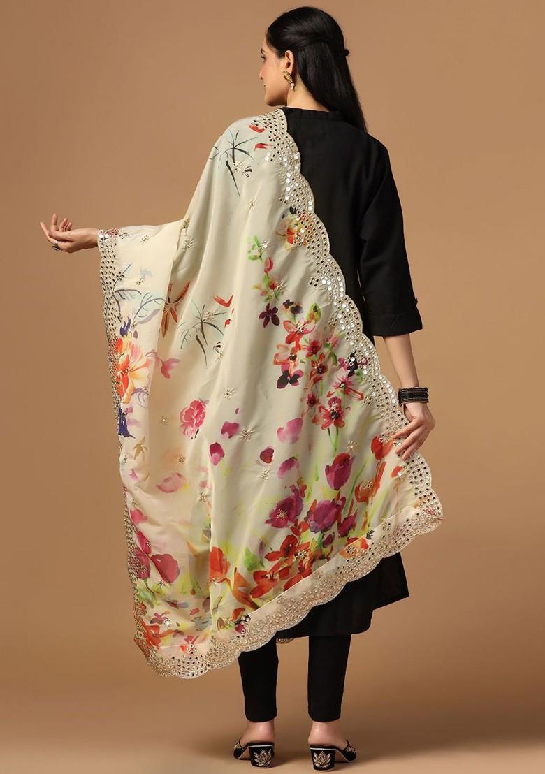Floral Printed Mirror Work Organza Dupatta