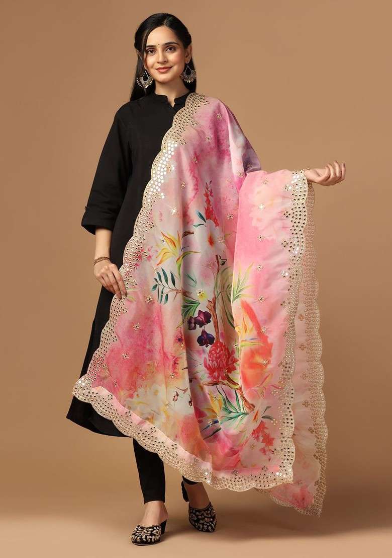 Floral Printed Mirror Work Organza Dupatta - Indya