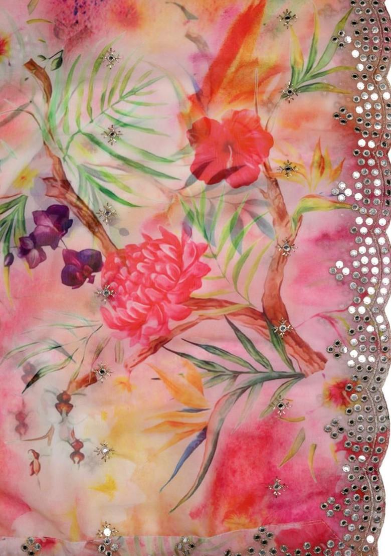 Floral Printed Mirror Work Organza Dupatta